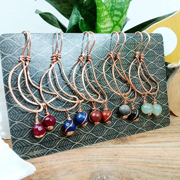 Assorted Copper Crescent Moon Gemstone Dangle Earrings, Artisan Handmade 2" - Picture 1 of 8